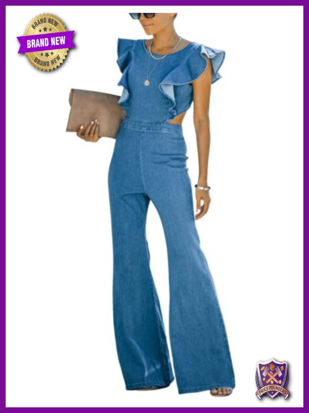 Flared Denim Jumpsuit Backless Stretchy Ruffle Sleeve